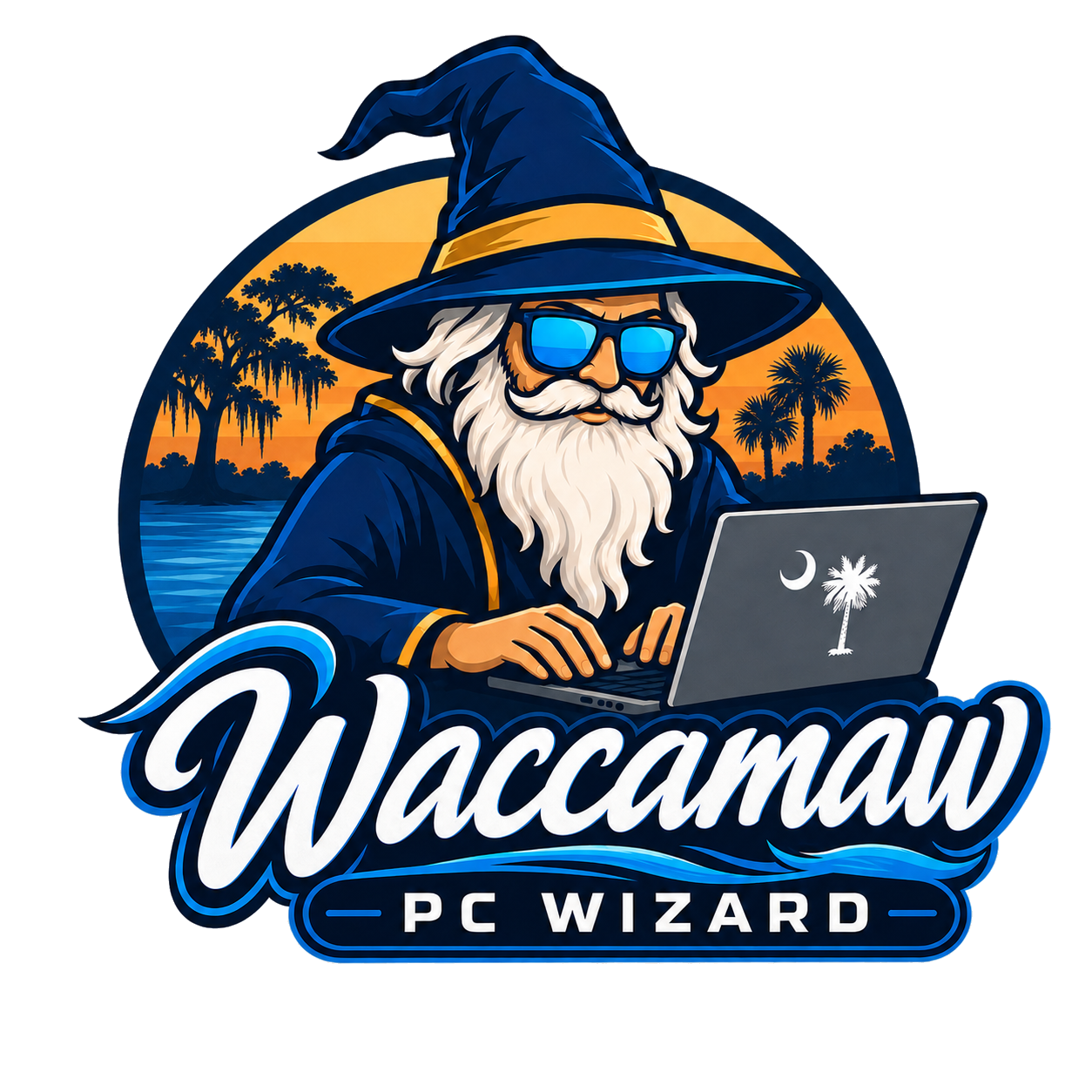 Waccamaw PC Wizard mascot typing on a laptop in front of a Lowcountry sunset